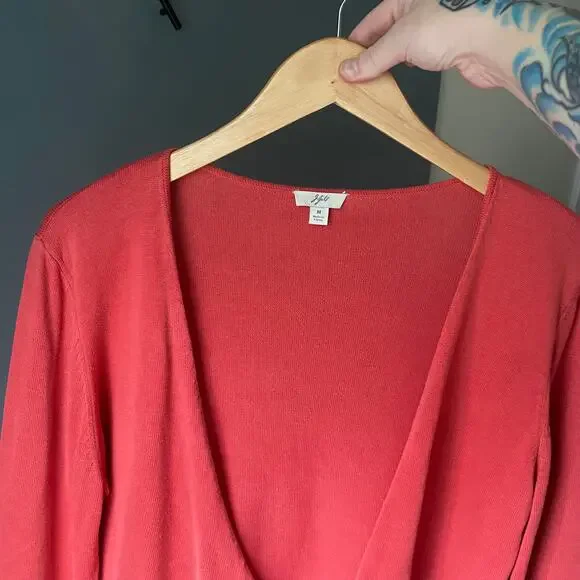 J. JILL Women's MED Salmon Pink Silk Blend Tie Front Cardigan Summer Lightweight - Picture 5 of 7